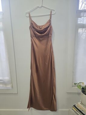 Revelry Satin Cowl Maxi Dress in Copper Rose